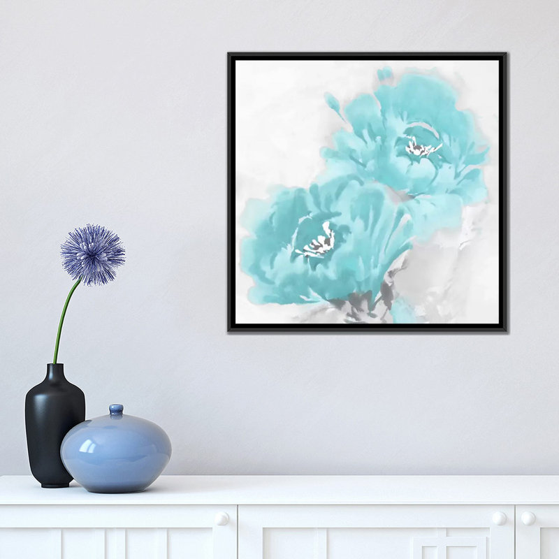 «Flower Bloom in Aqua I» par Jesse Stevens - impression sur toile tendue, H 18 po x l 18 po x p 1,5 po, Toile avec cadre noir