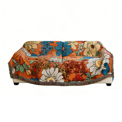 Large Sofa Throw Blanket With Tassels Handwoven Cotton Knitted Reversible Orange Floral Throw For Single 2 Seater 130 x 180cm