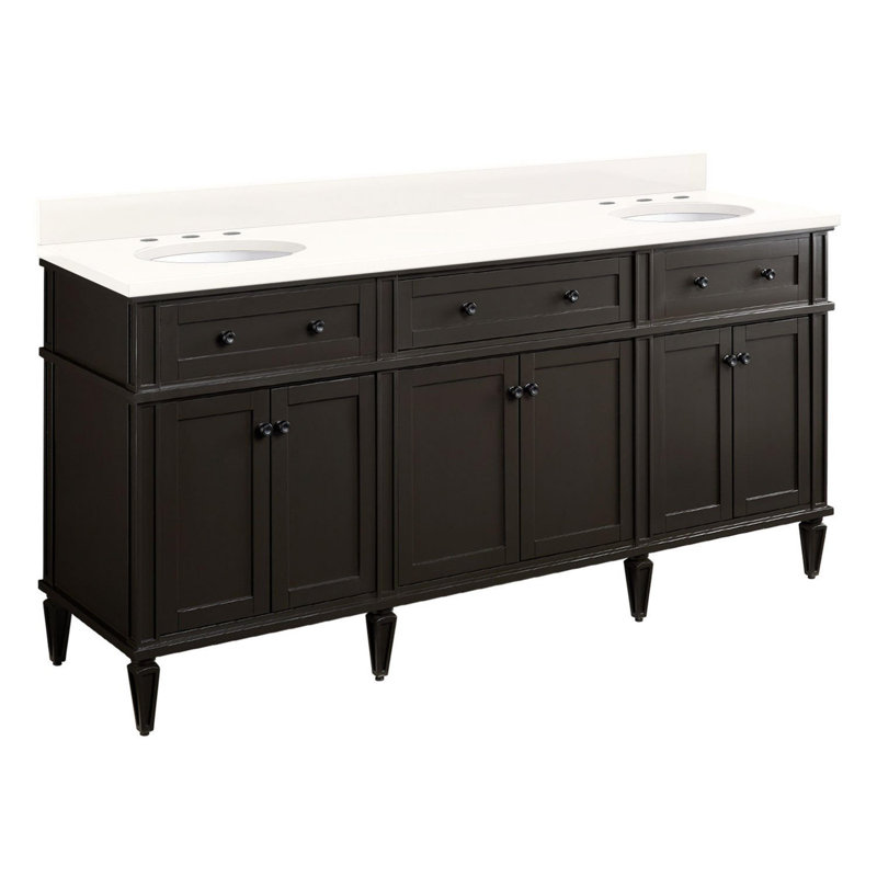 72" Elmdale Double Vanity for Rectangular Undermount Sinks, Arctic White Quartz, Charcoal Black, Black