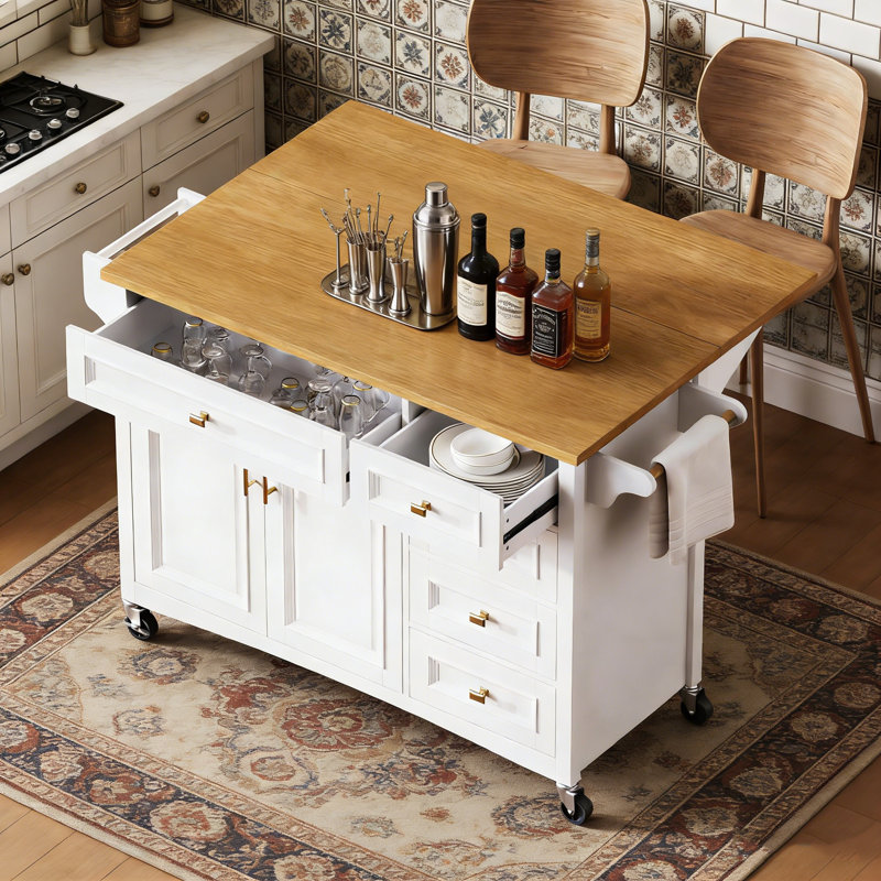 52-Inch Mobile Kitchen Island with Drop Leaf, Adjustable Shelf, and Ample Storage for Modern Kitchens., White