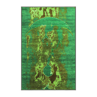 Tapis oriental vert en chenille / polyester tissé à la machine