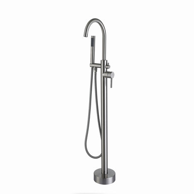 Robinet de baignoire autoportant à fixation au sol avec débit élevé, bec pivotant et pomme de douche à main