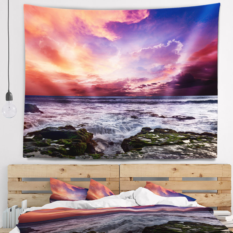 Tapisserie côtière côtière avec ciel dramatique Seascape, H 50 po x l 60 po