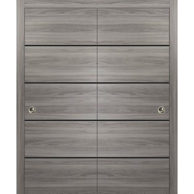 Porte de grange double robuste avec quincaillerie Planum 0015 Ginger Ash, supports de rail de 13 pi, porte intérieure moderne à panneaux pleins - 64 po x 96 po (2 x 32 x 96 po) - Rail noir