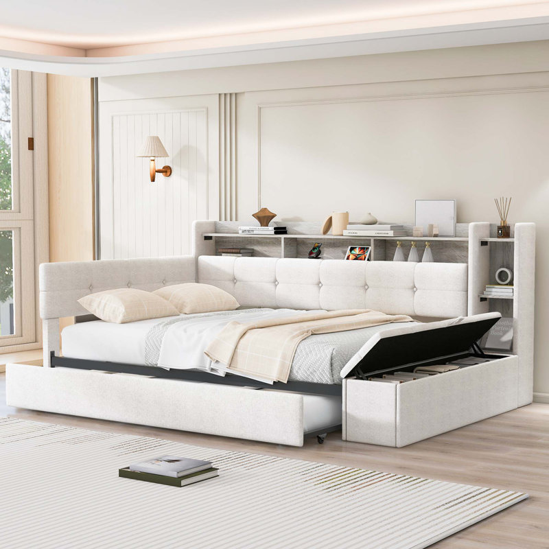 Lit de jour rembourré multifonctionnel avec rangement intégré et éclairage moderne, Beige