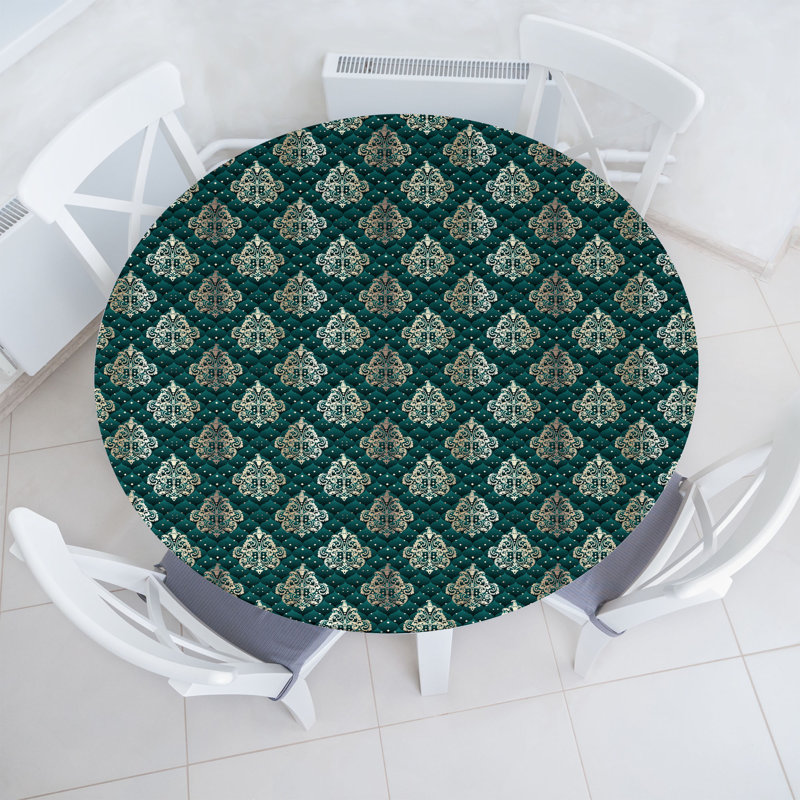 East Urban Home Damask Fitted Round Tablecloth Diameter Dark Teal Eggshell, 67.72" Round