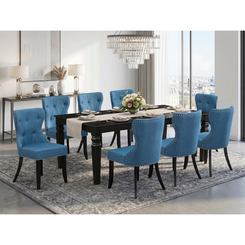 9 Piece Dining Table Set Includes a Rectangle Dining Room Table with Butterfly Leaf and 8 Blue Linen Fabric Upholstered Chairs, Black