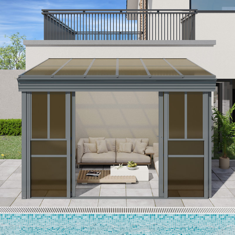 10x12  Ft Wall Mounted Sunroom, Lean-to Solarium with PC Roof, Sliding Doors & Windows, Outdoor Enclosed Gazebo for Patio, Deck & Poolside, Gray 