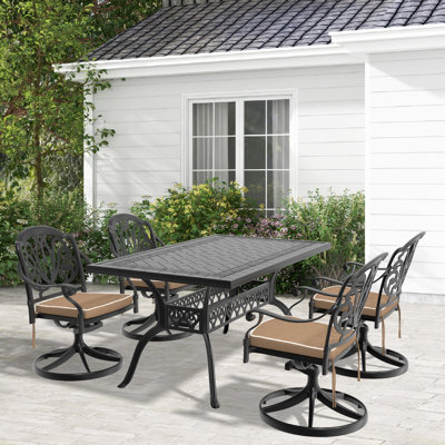 5 Cast Aluminum Dining For Outdoor Use: 4 Swivel Chairs & Rectangular Table, Black, Exquisite Patterns, Comfortable Seating, , Protected, Cushions Supplied, Easy Assembly : Workmanship, Resting Spot,