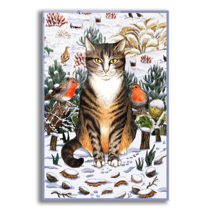 Art mural en verre acrylique épique «Winter Tabby Cat with Blue Border» par Gale Pitt, 16 po x 24 po
