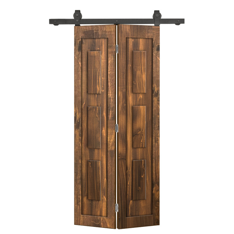Ensemble de quincaillerie pour porte de grange coulissante en bois de pin 3 panneaux, Noyer, 38 po x 84 po
