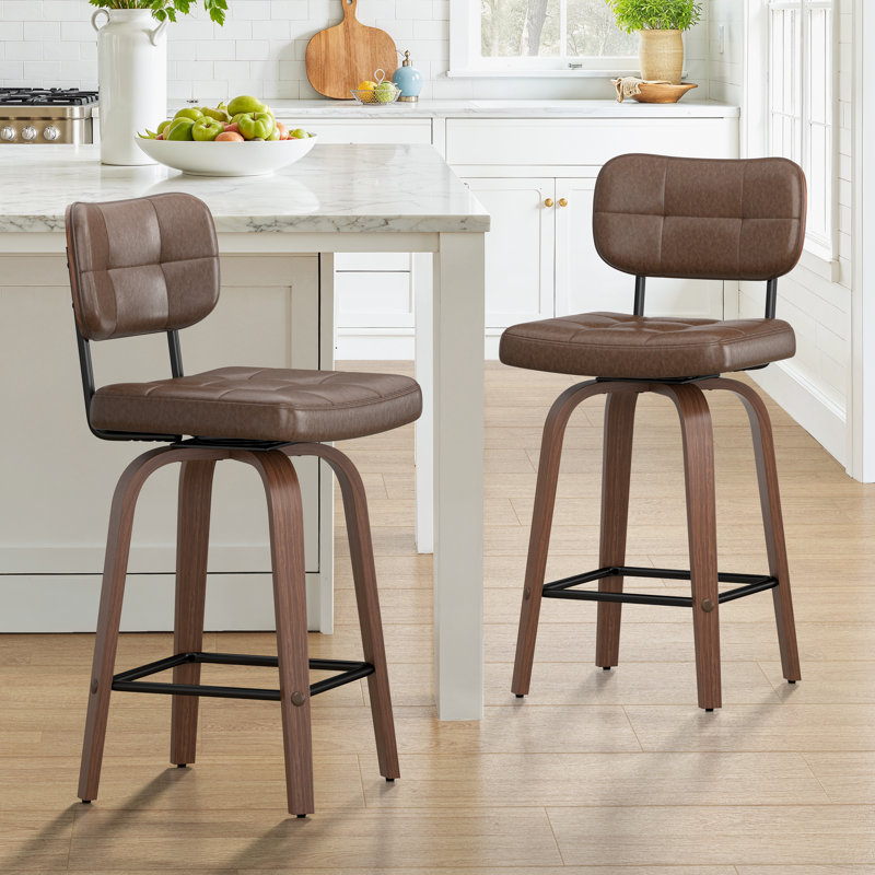 26" Counter Height Swivel Bar Stools,Pu Leather & Bentwood Back Bar Stools For Kitchen(Set of 2), Brown, 2