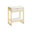 Table d'appoint moderne avec texture marbre beige et structure en métal doré, tiroir de base au style contemporain.