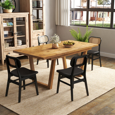 Farmhouse Dining Table Set, Solid Wood Extendable Dining Table And Rattan Back Dining Chair For Dining Room/Kitchen/Living Room