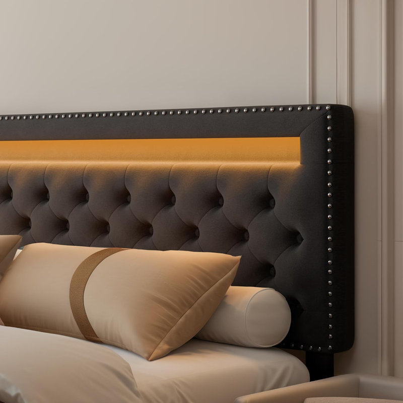 Structure de lit tapissier avec tête de lit réglable, lumières DEL Rhyth Sync, 4 tiroirs de rangement sous le lit, aucun sommier nécessaire, velours