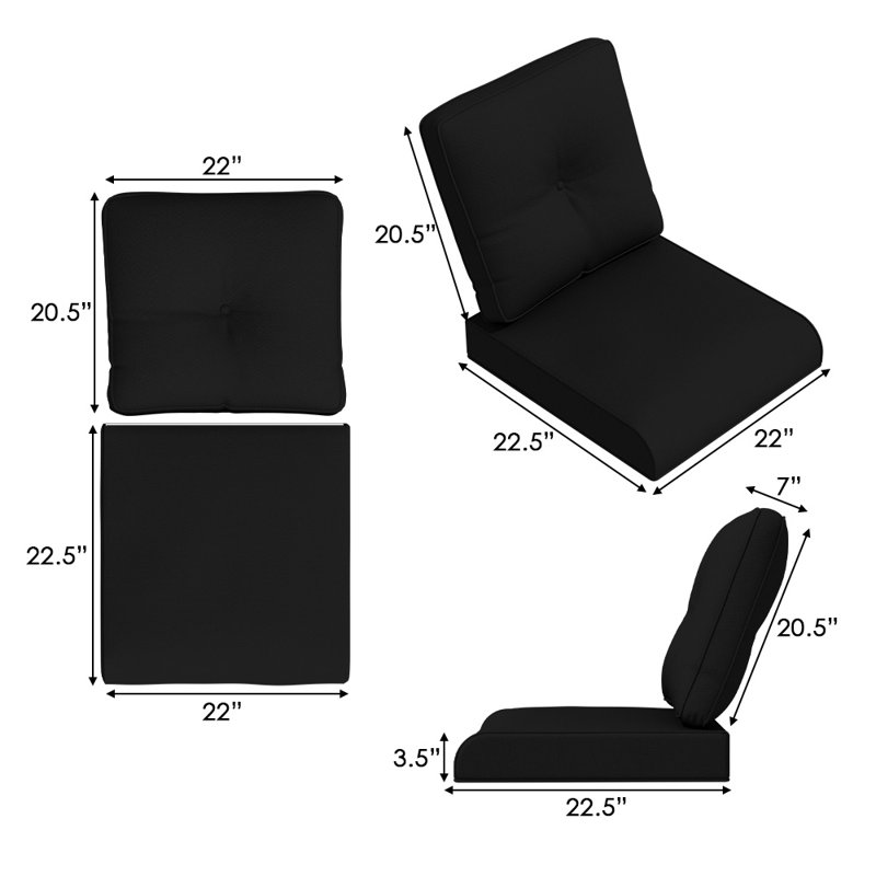 Coussin d'extérieur à assise profonde avec tissu en oléfine, Noir, noir, noir, noir