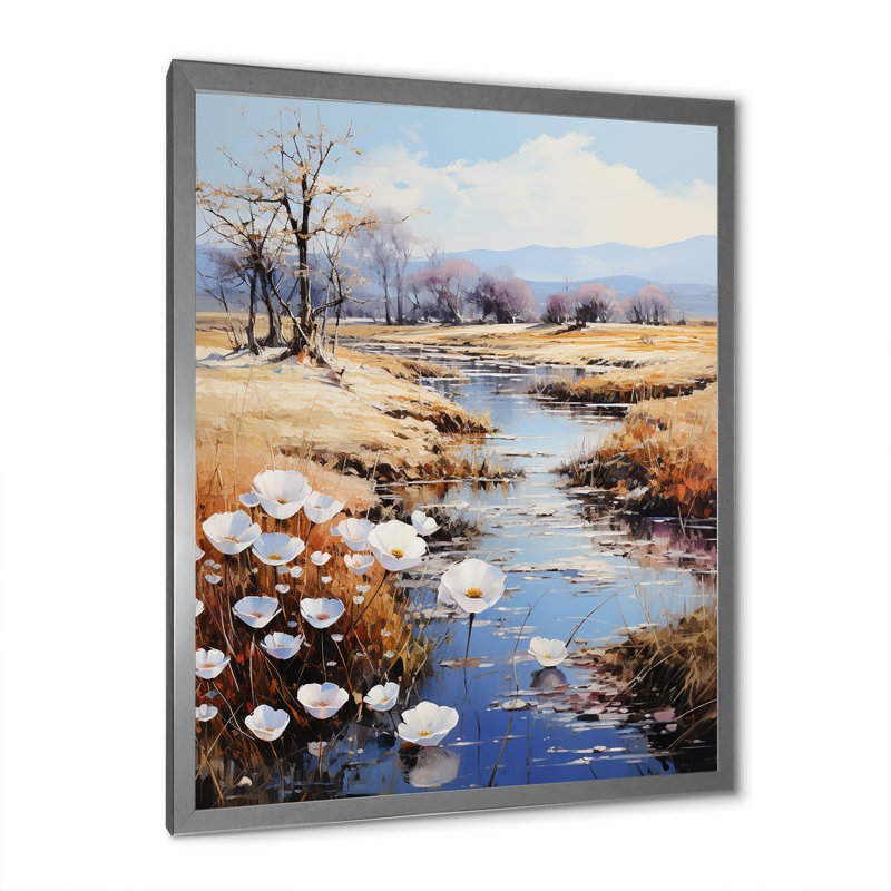 Countryside Small River Reverie, reproduction d'art sur toile encadrée, Cadre simple argenté, H 40 po x l 30 po x P 1,5 po