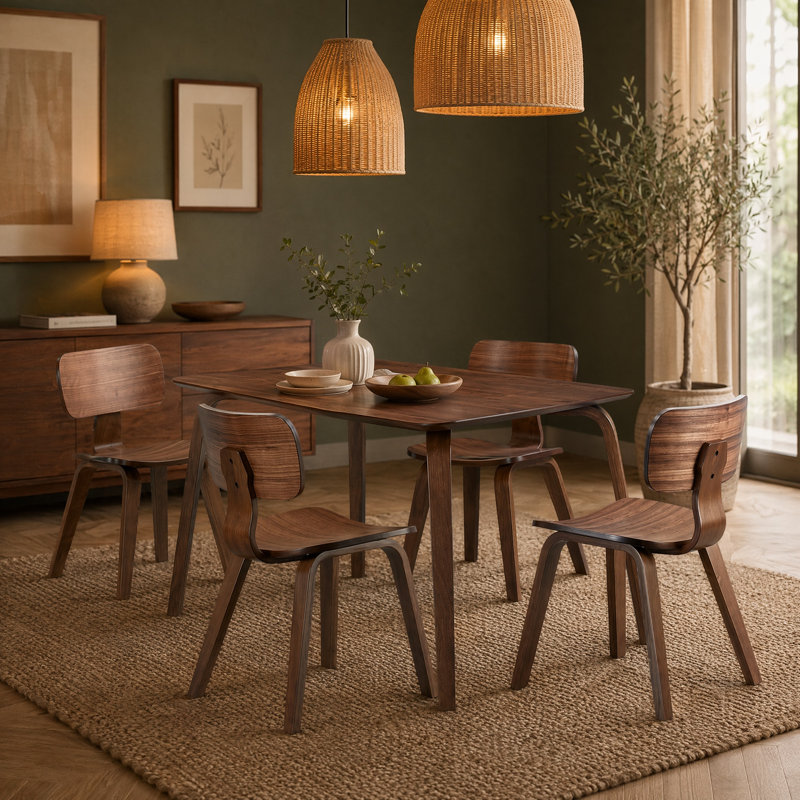 Nova Wood Dining Set with Curved Chairs, Brown, 4