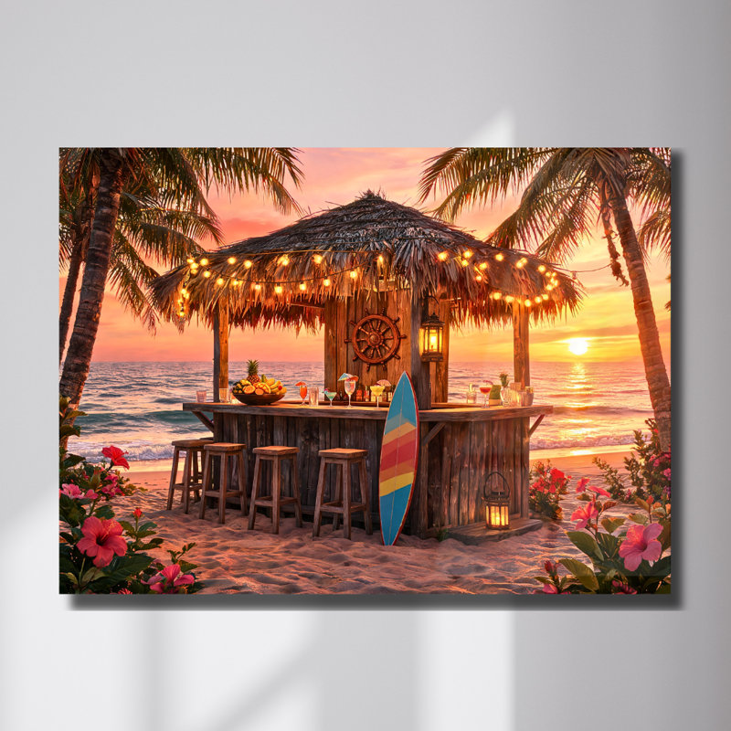 Art mural en verre trempé Tropical Beach Tiki Bar, H 16 po x l 20 po