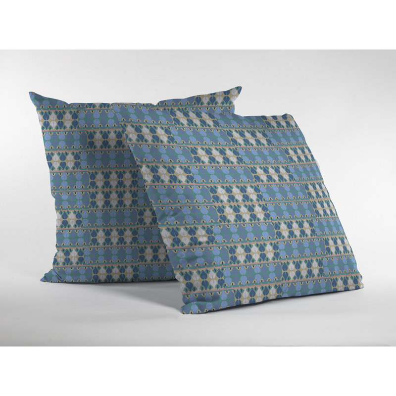 Geometric Outdoor Reversible Throw Pillow, 18" x 18", Light Blue/Cream