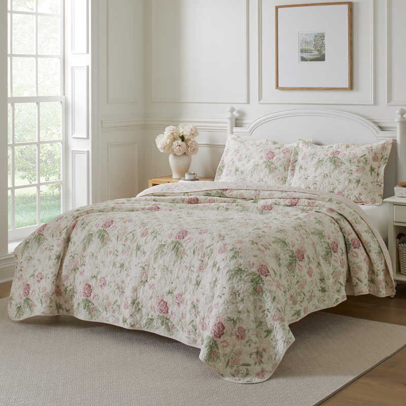 Ensemble de courtepointe réversible en coton Celina, Courtepointe pour lit simple + 1 taie décorative, Rose / Vert