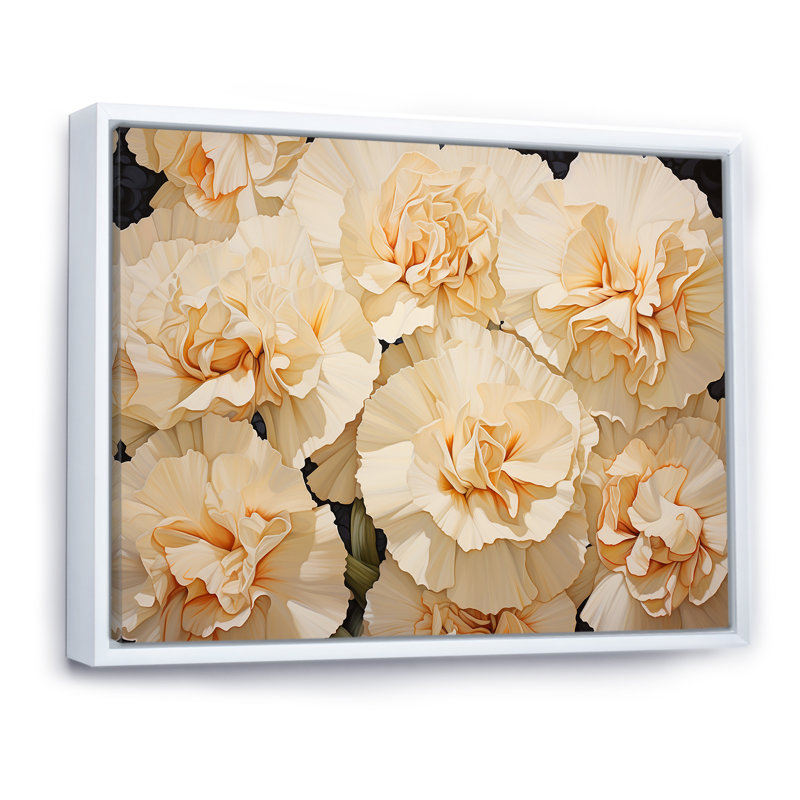Arrangement d'œillets beiges sur toile, H 16 po x l 32 po x P 1 po, Cadre flottant blanc