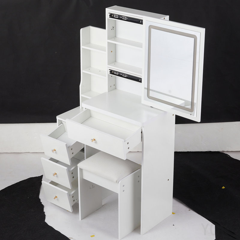 Table de coiffeuse avec miroir de chevet à gauche 29,2 po avec petit tabouret avec tabouret rembourré, grande commande tactile, interrupteur 3 couleurs, miroir à luminosité réglable, rangement grande capacité, certificat EPA, GCC, UL