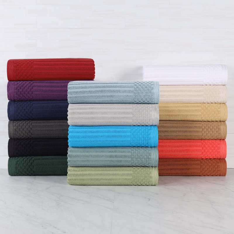 Kaelea Soho Cotton Ribbed Checkered Border Medium Weight 3 Piece Assorted Bathroom Towel Set, Bath Towel 2-Pack, Gold