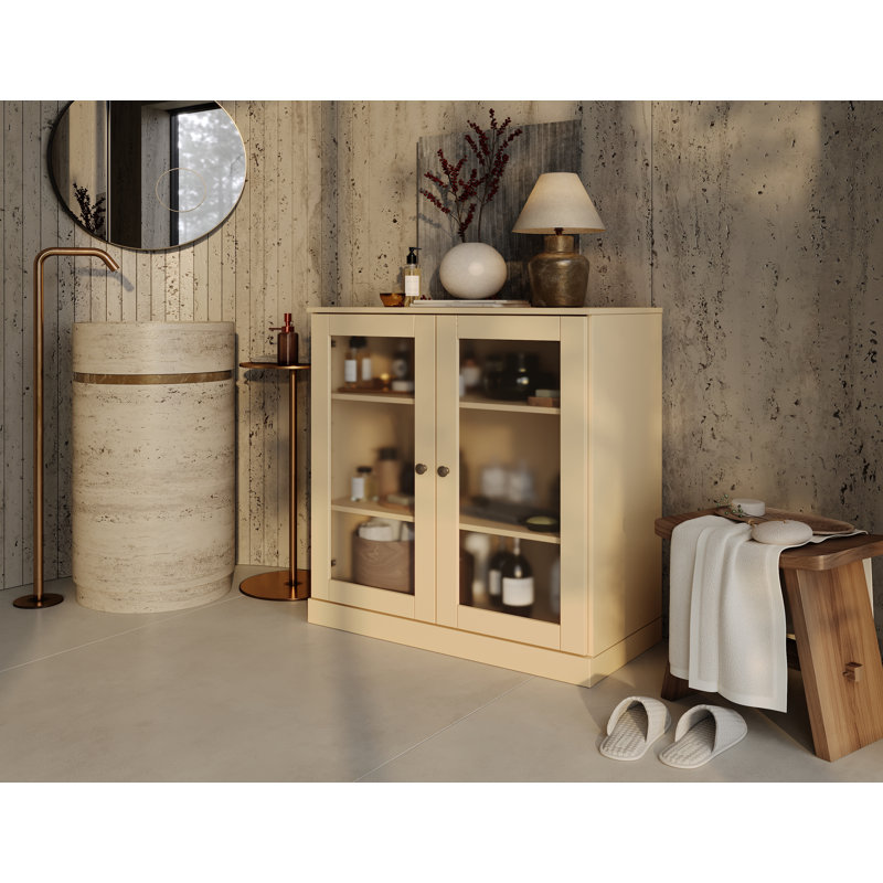 Armoire de salle de bain 100% bois massif 32 po avec portes en verre givré et tablettes réglables, Jaune
