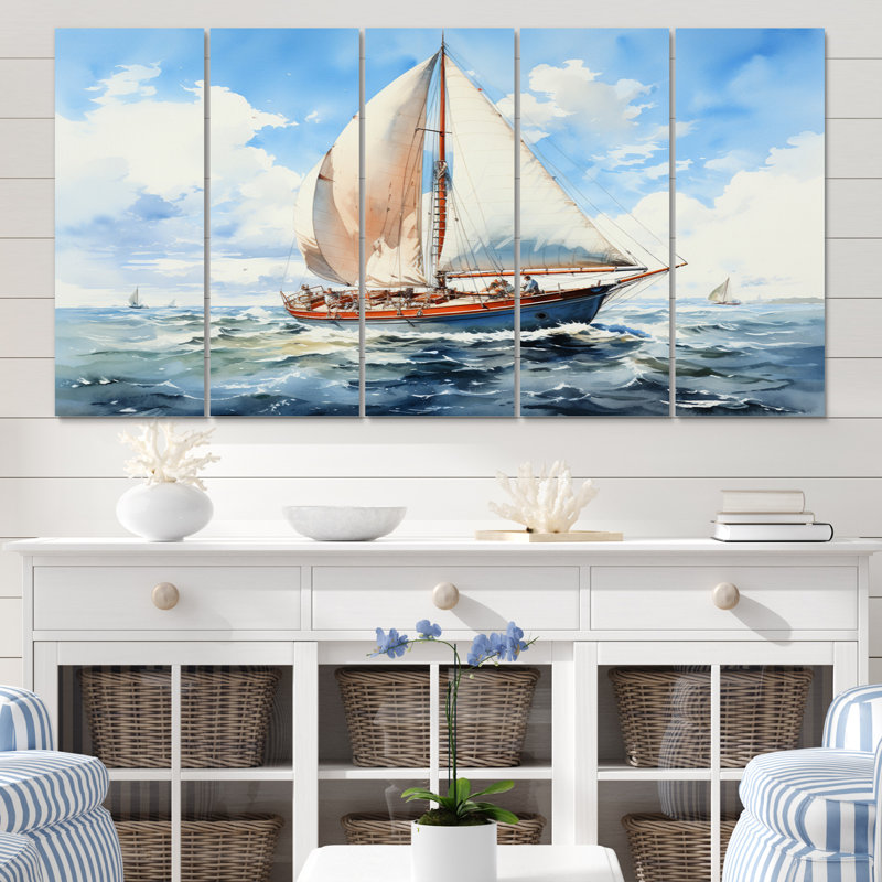 Voilier dans le vent II - art mural toile côtière - 5 panneaux égaux