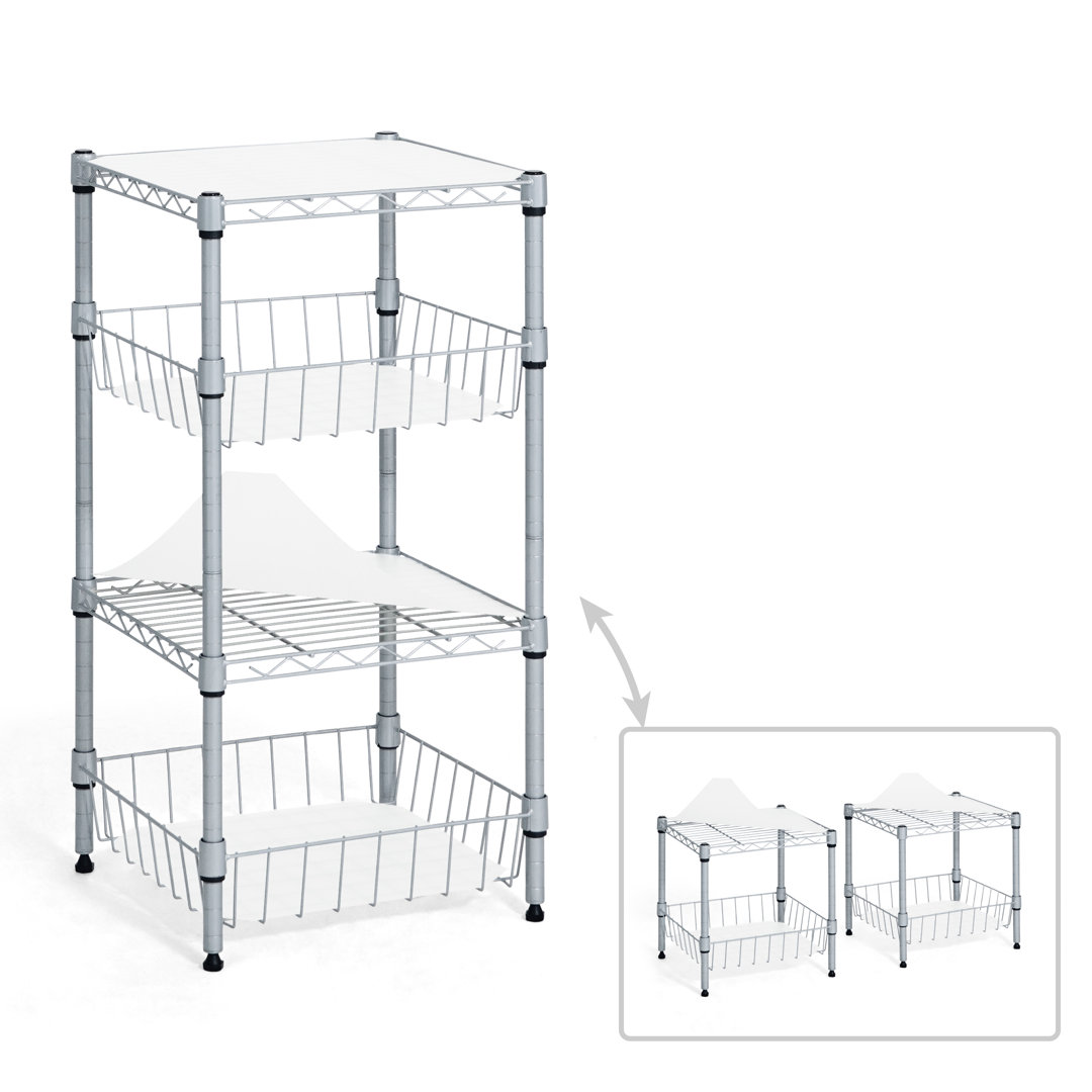 CAPHAUS NSF Adjustable 2 to 4 Tier Stackable Wire Shelving Unit w/ Basket & Liner, Black and Silver CAPHAUS