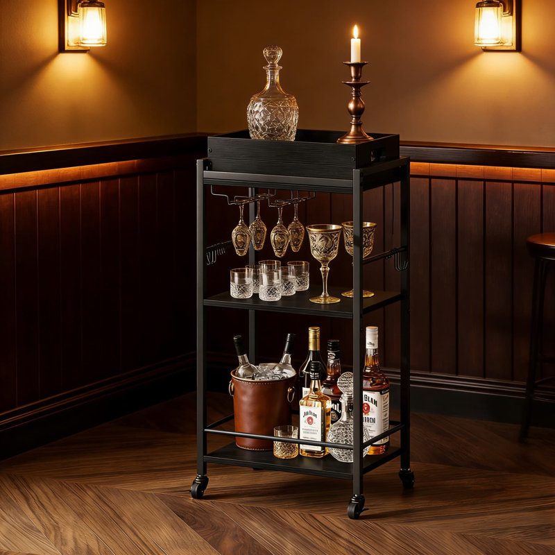 Chariot-bar roulant à 3 niveaux avec plateau amovible, support à vin et roues verrouillables - Chariot de service mobile pour la cuisine et les boissons