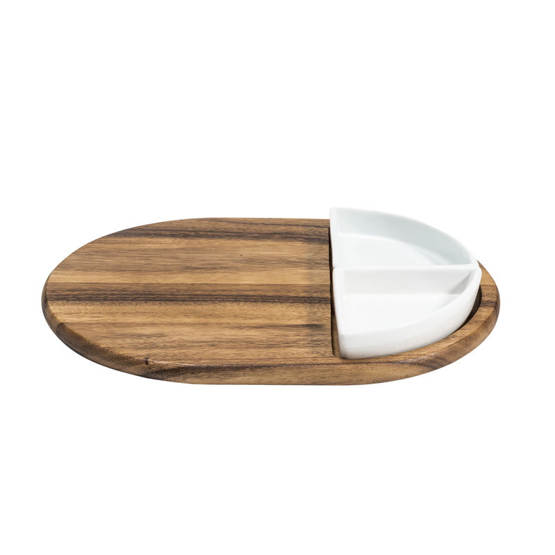 Charcuterie/Serving Tray w/ 2 Triangular Ceramic Dishes