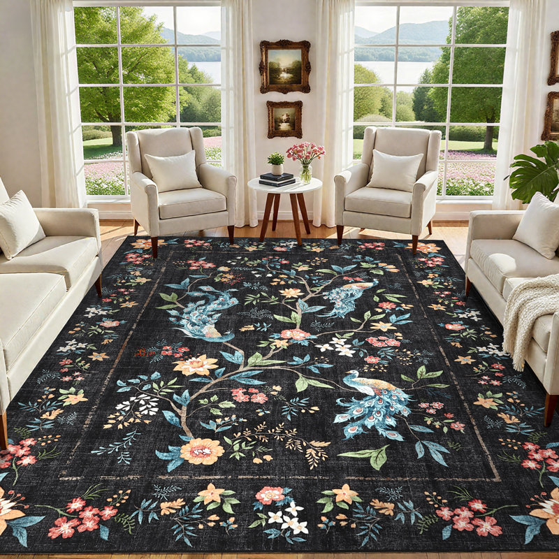Washable Rugs for Bedroom Ultra-Soft Floral Peacock Floor Mats, Stain-Resistant Farmhouse Indoor Carpet with Non-Slip Backing, Foldable Thin Accent Rug for Living Room, Nursery
