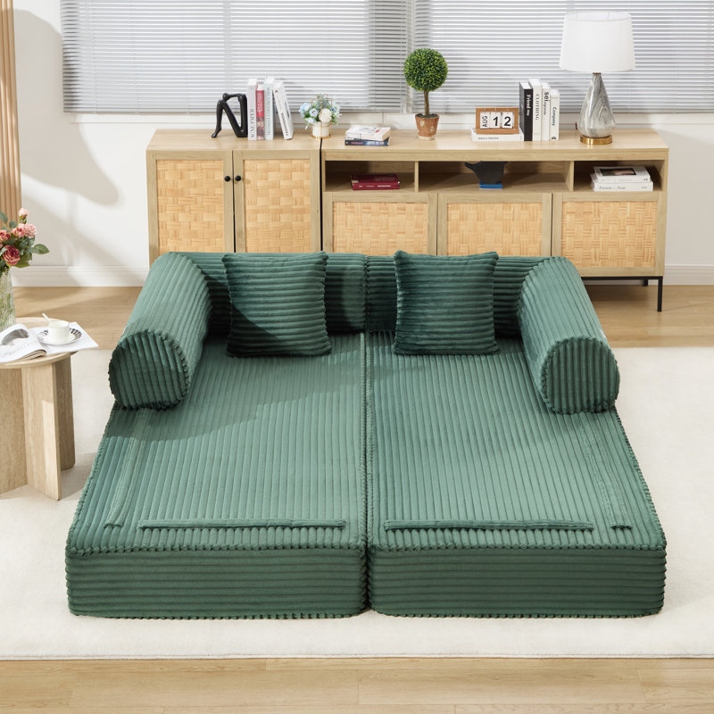 Canapé-lit modulaire en velours côtelé Boneless, convertible avec assise profonde et coussins moelleux, Vert foncé