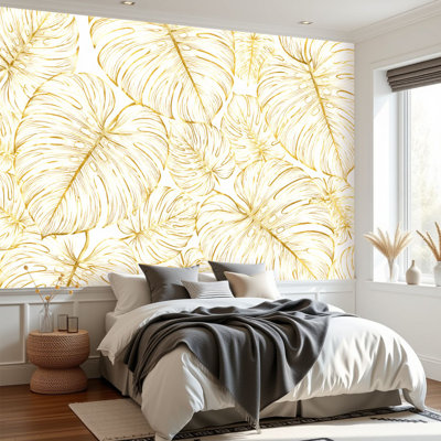 Papier peint auto-adhésif à motifs floraux rétro de luxe avec feuilles de monstre dorées auto-adhésives et amovibles pour salle de séjour H 69 po x l 96 po