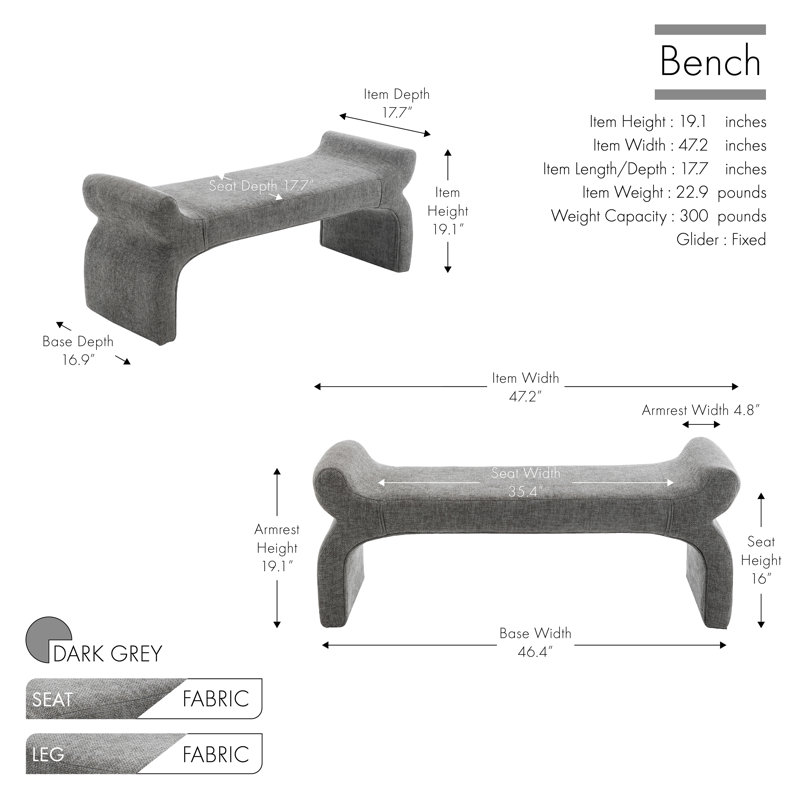 Wrought Studio™ Cleve Fabric Waterfall-like Bench, Dark Gray