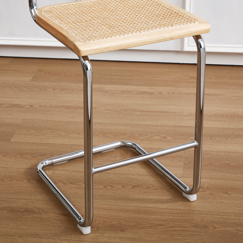 Crumley Natural Rattan 24.3" Counter Stool with Cane Rattan Back and Metal Frame, Chrome, Natural