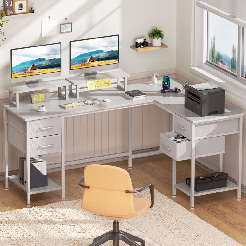 Bureau d'ordinateur en L 59,4 po avec prise de courant, H 29,1 po x l 59,4 po x P 39,4 po, Blanc
