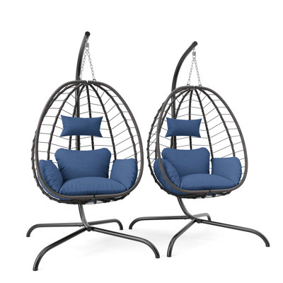 Kyus Hanging Egg Chair With Stand, PE Rattan Wicker Swing, Waterproof Cushions (Set of 2)