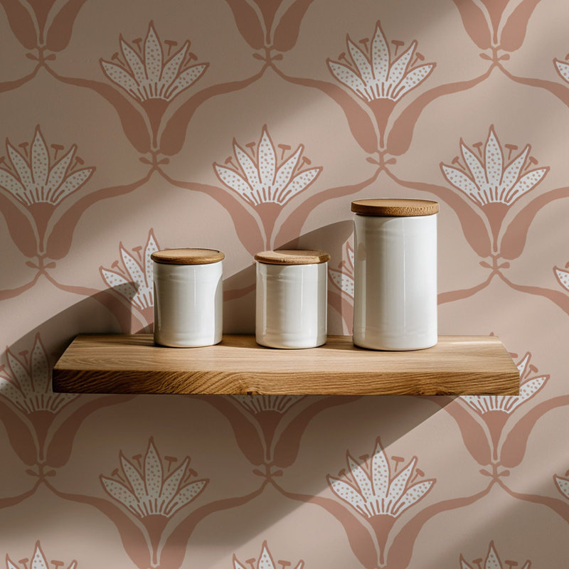 Shanghai Wallflower 10' L x 25" W Wallpaper Tile, Apricot, Paper, Self-adhesive