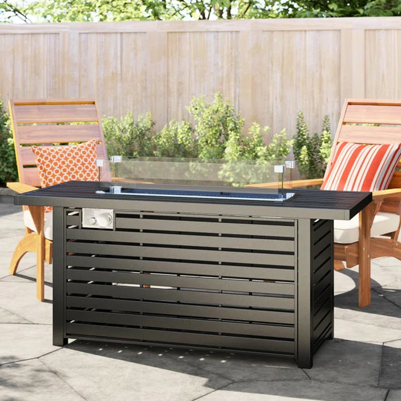 24" Steel Propane Fire Pit Table With Cover - Stylish Outdoor Heating Option For Your Patio. Strong Build, Neutral Finish. Slatted Base An Elegant Touch. Propane-Fueled Fireplace Lid, Cover, Lava