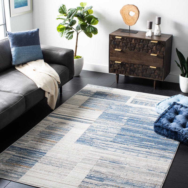Tapis ivoire / bleu à motif abstrait Hobgood, Rectangle 8 pi x 10 pi