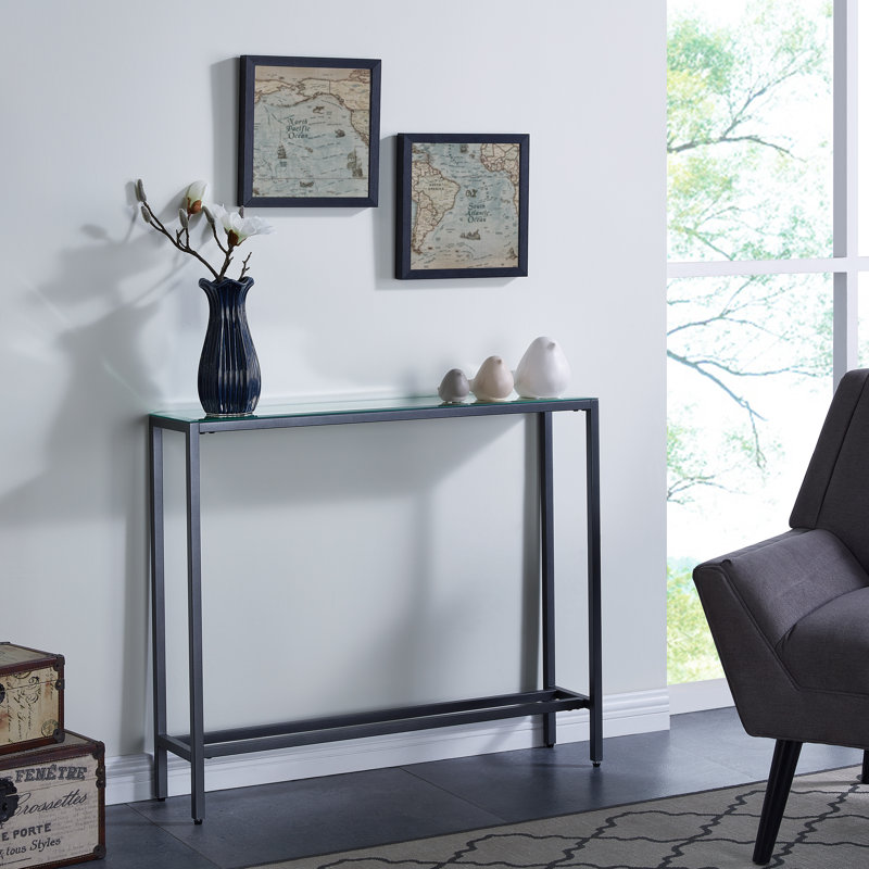Mini console étroite avec plateau en miroir - Finition gris bronze industriel | Idée de cadeau, H 30 po x l 36 po x P 8 po