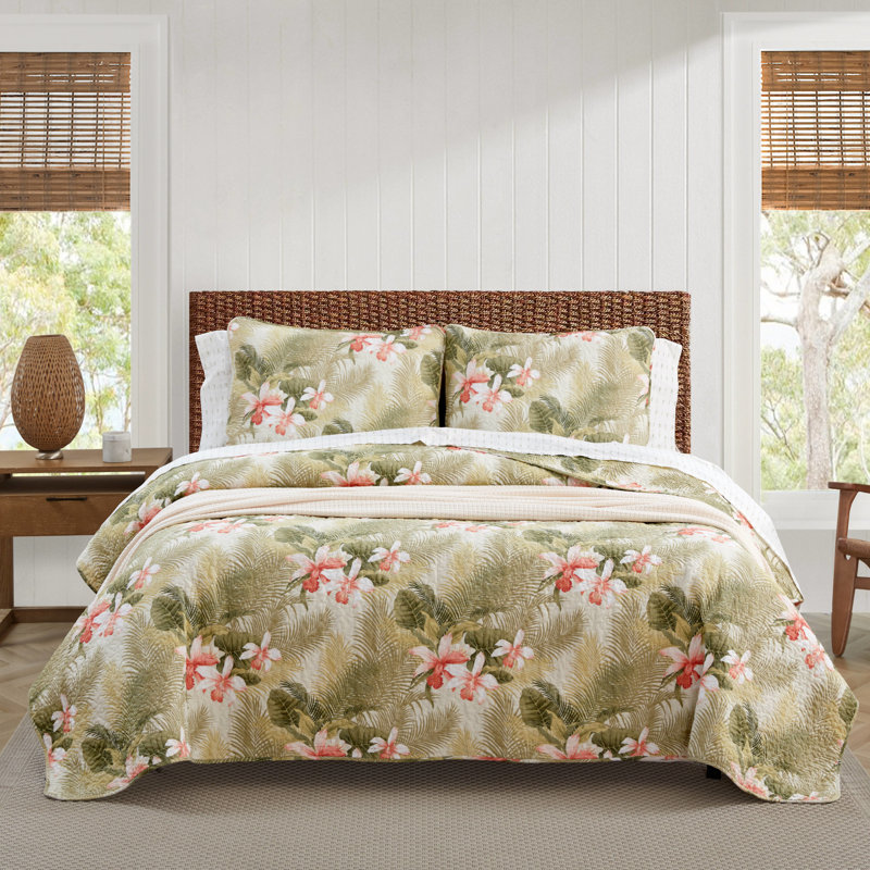 Tommy Bahama Tropical Orchid Green Cotton Reversible Quilt Set, King Quilt + 2 King Shams