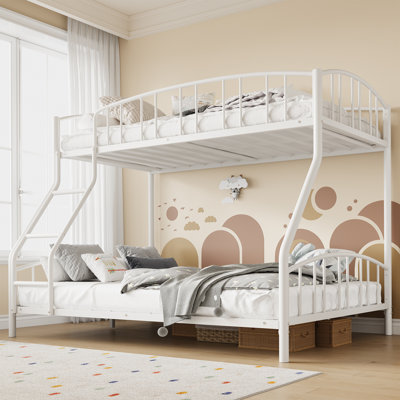 Heavy Duty Metal Bunk Bed Twin Over Full - Space-Saving Steel Frame with Ladder & Arched Guardrails - Sturdy Slats, Noise-Free - For Kids, Teens, Adults - White