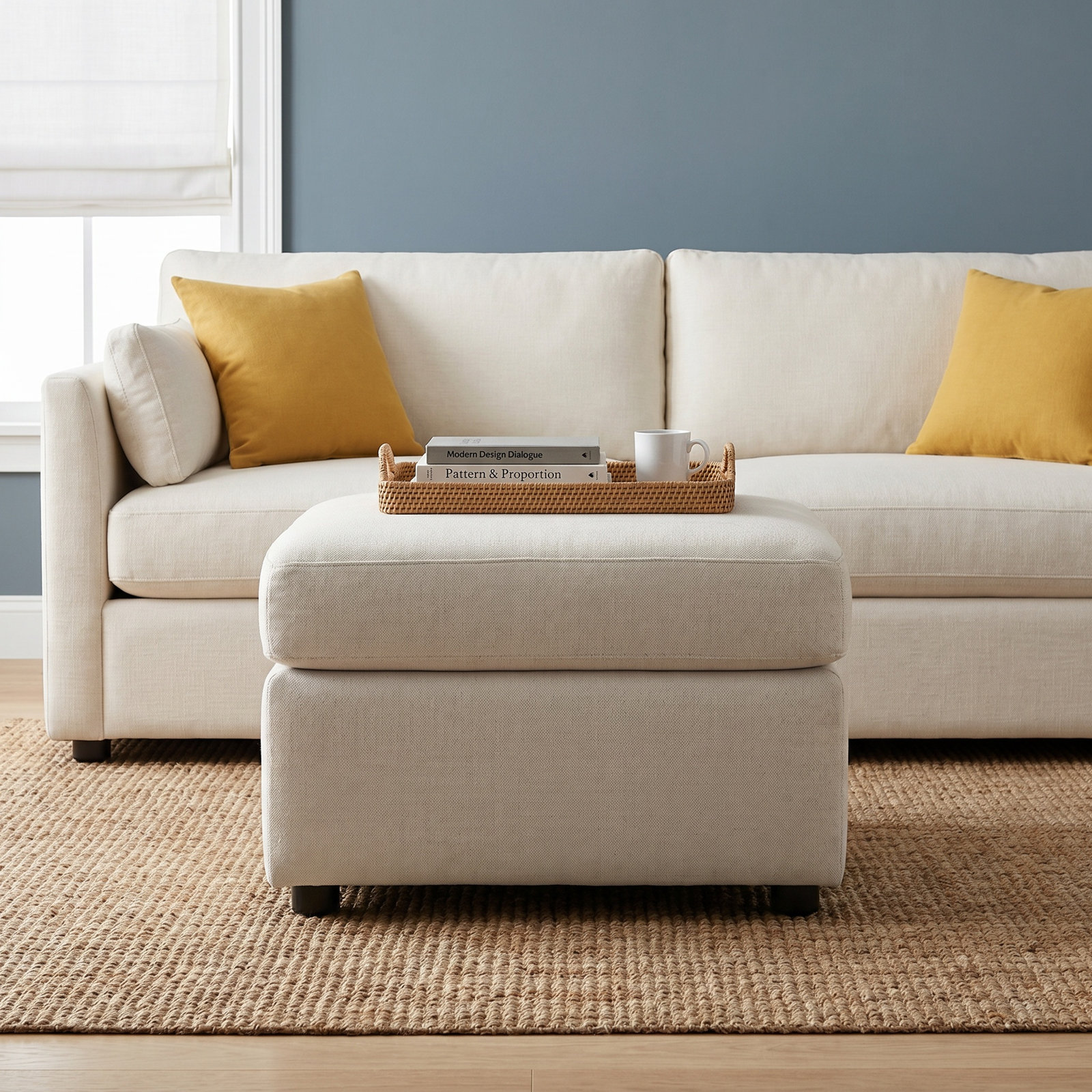 Godwin Upholstered Ottoman, Classic Bleach White Twill