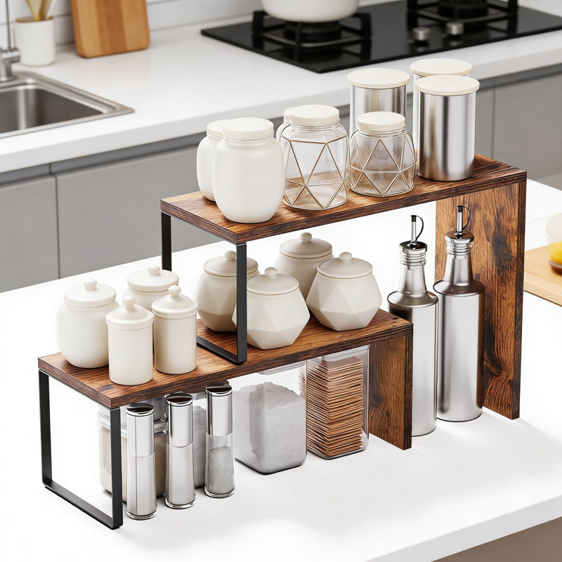 Tablette de rangement de comptoir empilable, étagère à épices en bois rustique et organisateur d'armoire pour la cuisine, le garde-manger, la station de café, la solution de rangement peu encombrante