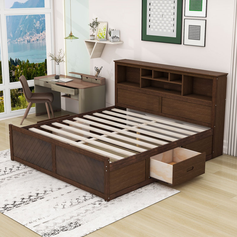 King Two Drawers Wood Platform Bed with Storage Shelves and USB, Antique Wood