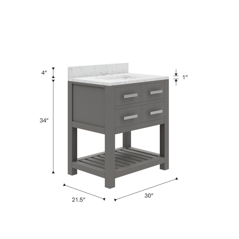 Ensemble de meuble-lavabo de comptoir en marbre blanc Carrara de 30 po avec miroir Parmer, gris